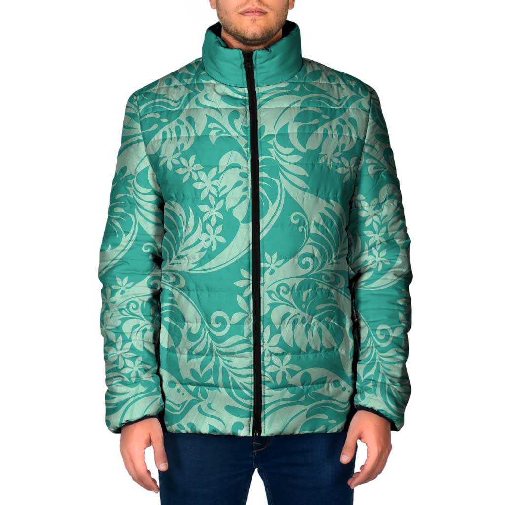 Tahiti Teal Tiare Floral Padded Jacket Monstera Palm Tropical Leaves - Polynesian Pride