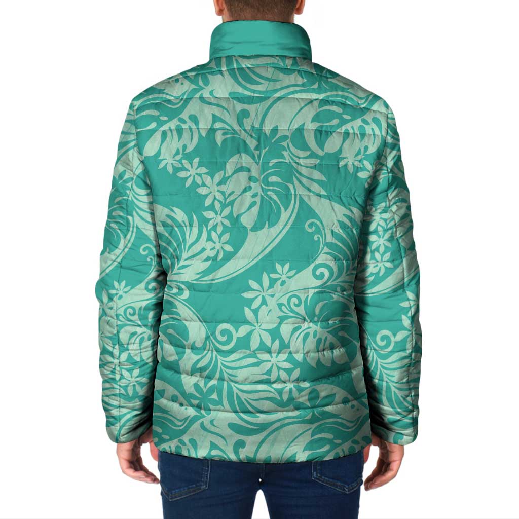 Tahiti Teal Tiare Floral Padded Jacket Monstera Palm Tropical Leaves - Polynesian Pride