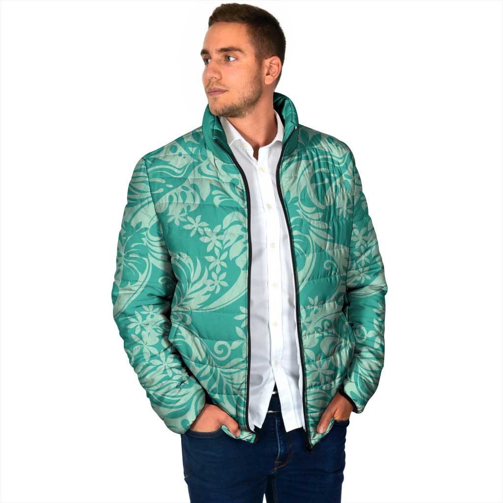 Tahiti Teal Tiare Floral Padded Jacket Monstera Palm Tropical Leaves - Polynesian Pride