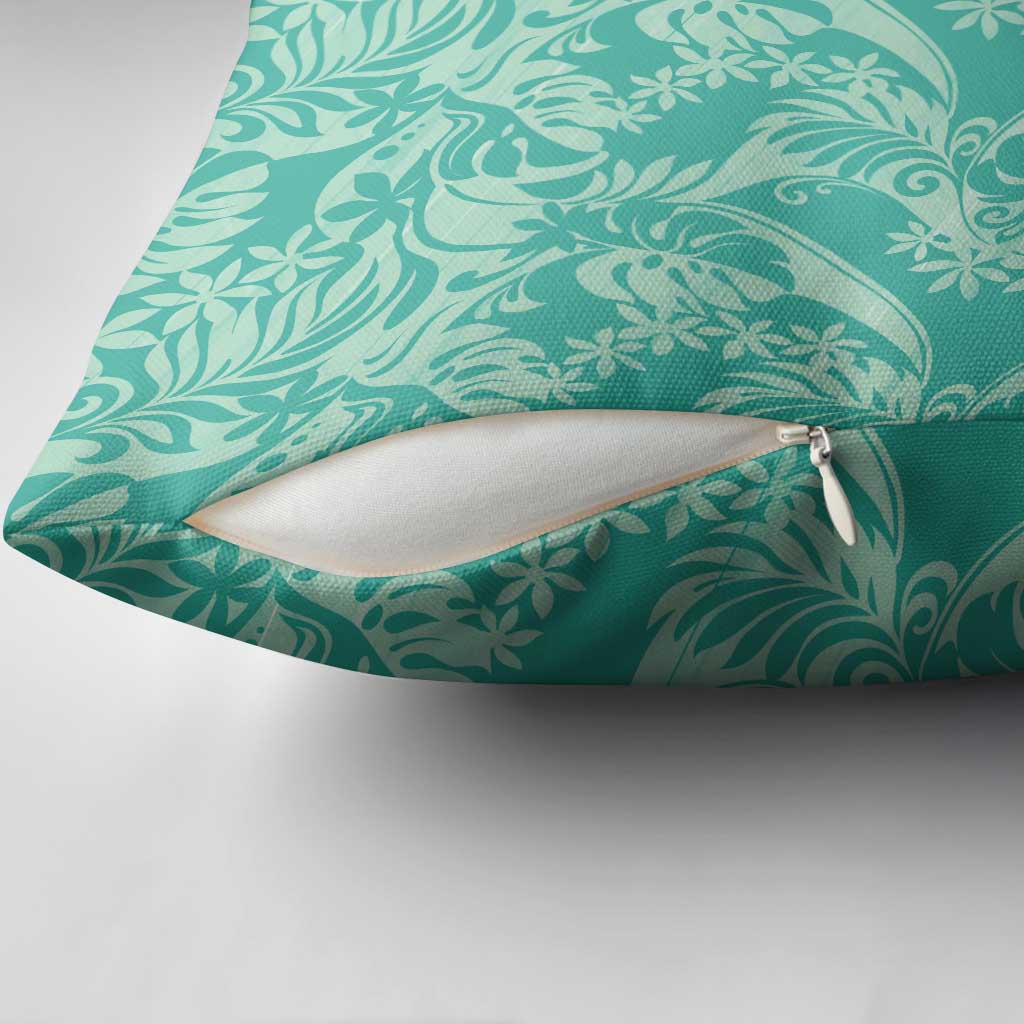 Tahiti Teal Tiare Floral Pillow Cover Monstera Palm Tropical Leaves - Polynesian Pride