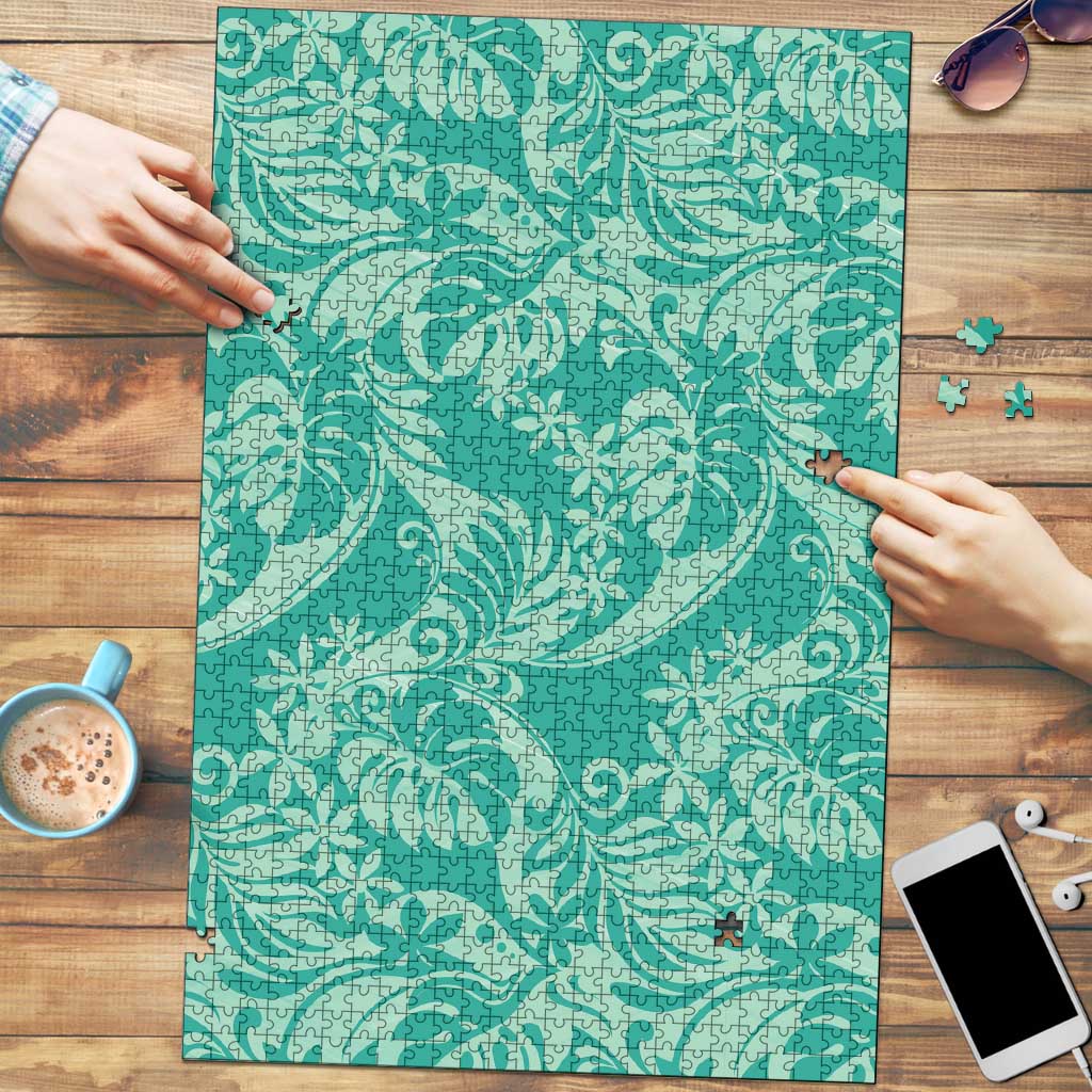 Tahiti Teal Tiare Floral Puzzle Monstera Palm Tropical Leaves - Polynesian Pride