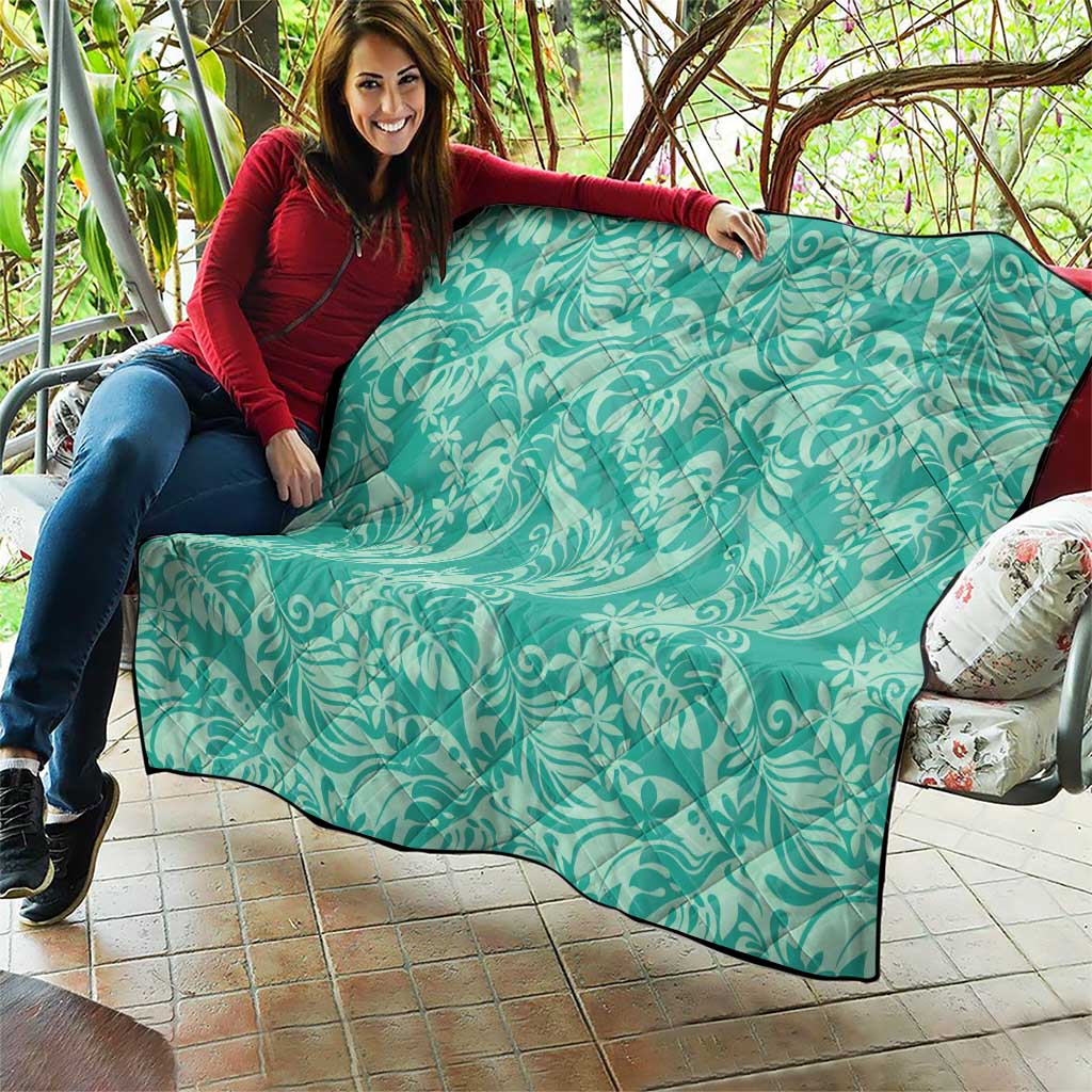 Tahiti Teal Tiare Floral Quilt Monstera Palm Tropical Leaves - Polynesian Pride