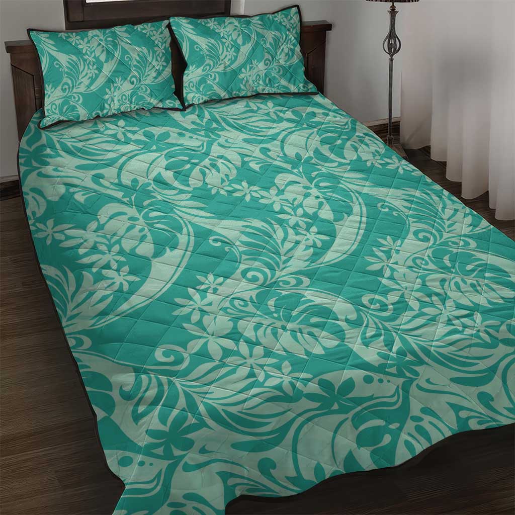 Tahiti Teal Tiare Floral Quilt Bed Set Monstera Palm Tropical Leaves - Polynesian Pride