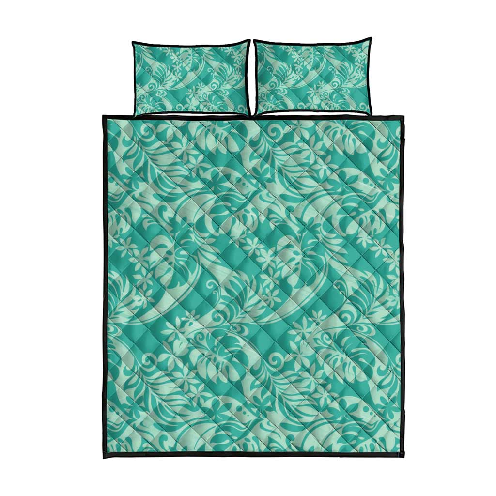 Tahiti Teal Tiare Floral Quilt Bed Set Monstera Palm Tropical Leaves - Polynesian Pride