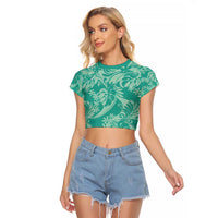 Tahiti Teal Tiare Floral Raglan Cropped T Shirt Monstera Palm Tropical Leaves - Polynesian Pride