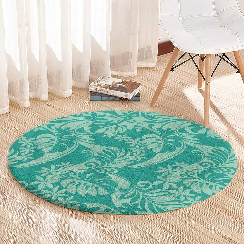 Tahiti Teal Tiare Floral Round Carpet Monstera Palm Tropical Leaves - Polynesian Pride