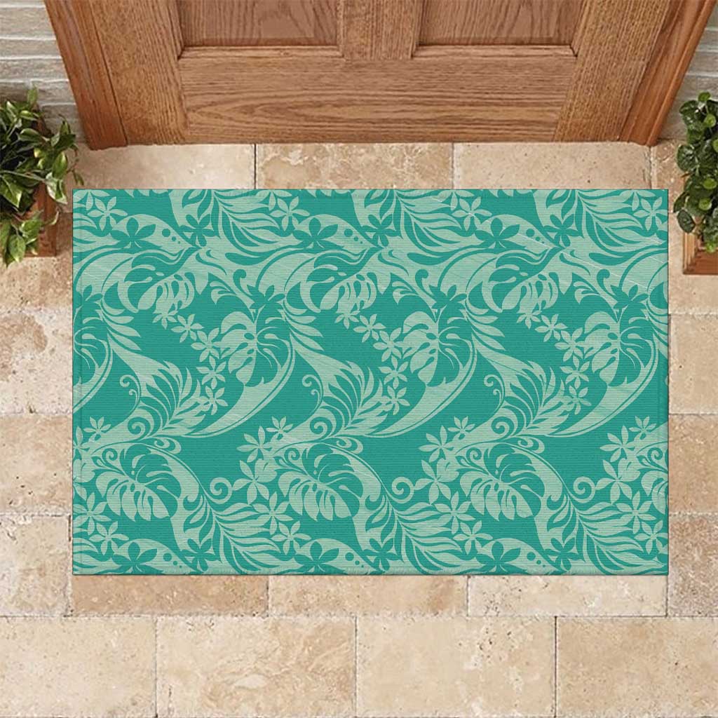 Tahiti Teal Tiare Floral Rubber Doormat Monstera Palm Tropical Leaves - Polynesian Pride