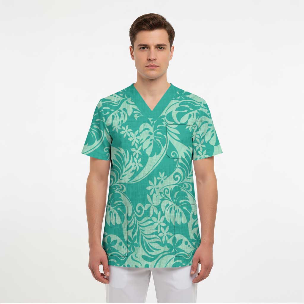Tahiti Teal Tiare Floral Scrub Top Monstera Palm Tropical Leaves - Polynesian Pride
