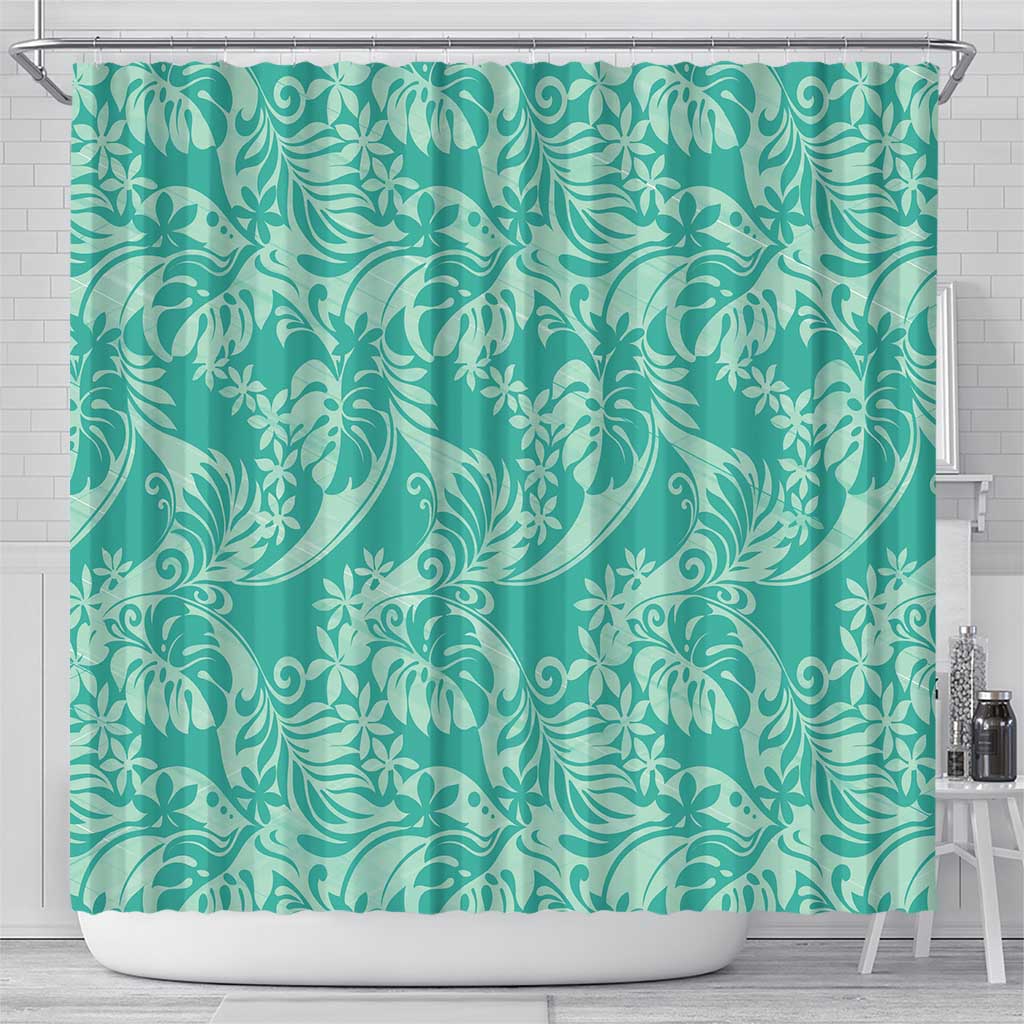Tahiti Teal Tiare Floral Shower Curtain Monstera Palm Tropical Leaves - Polynesian Pride