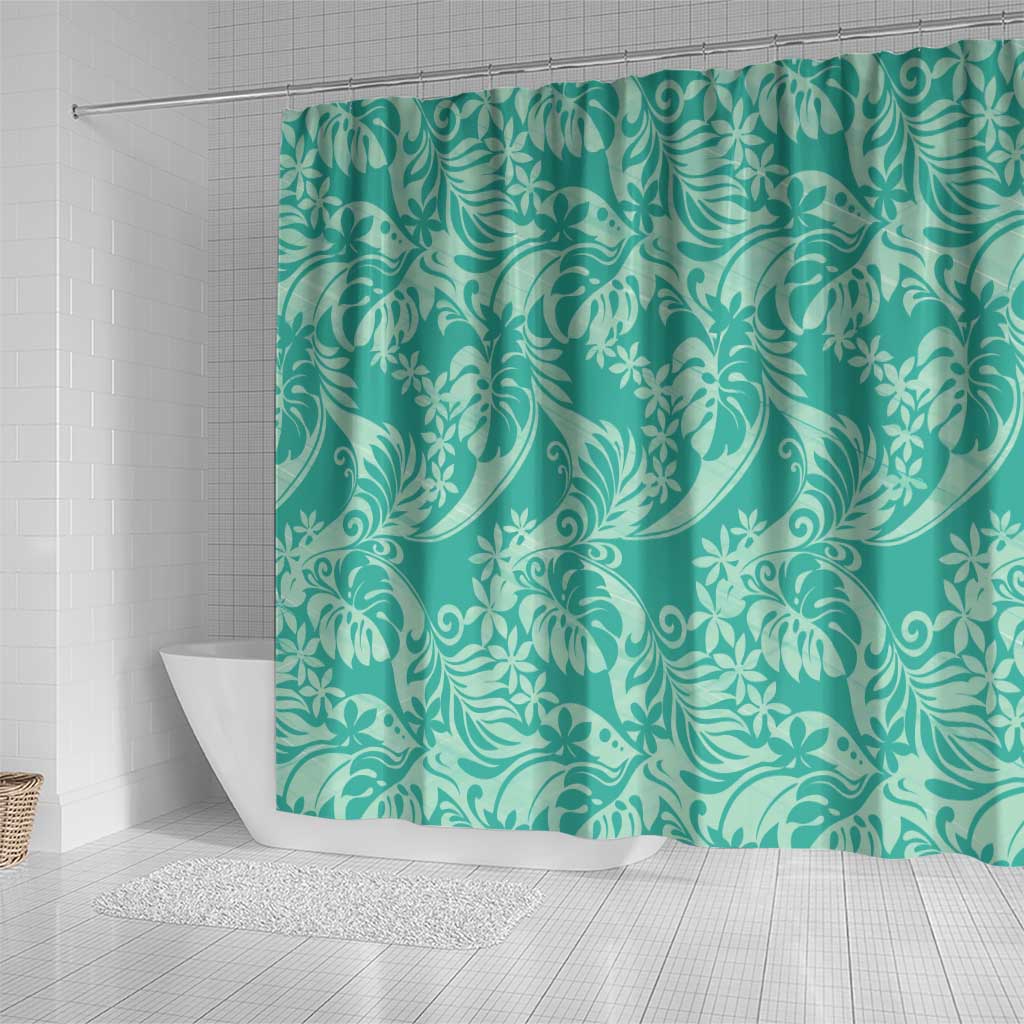 Tahiti Teal Tiare Floral Shower Curtain Monstera Palm Tropical Leaves - Polynesian Pride