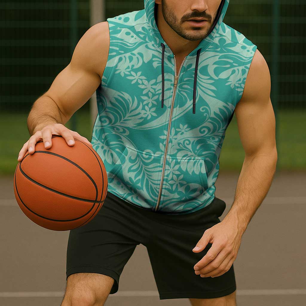 Tahiti Teal Tiare Floral Sleeveless Zip Hoodie Monstera Palm Tropical Leaves - Polynesian Pride