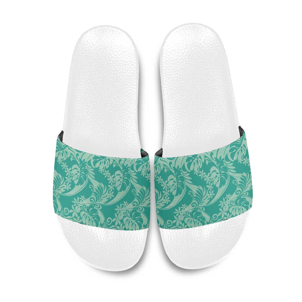Tahiti Teal Tiare Floral Slide Sandals Monstera Palm Tropical Leaves - Polynesian Pride