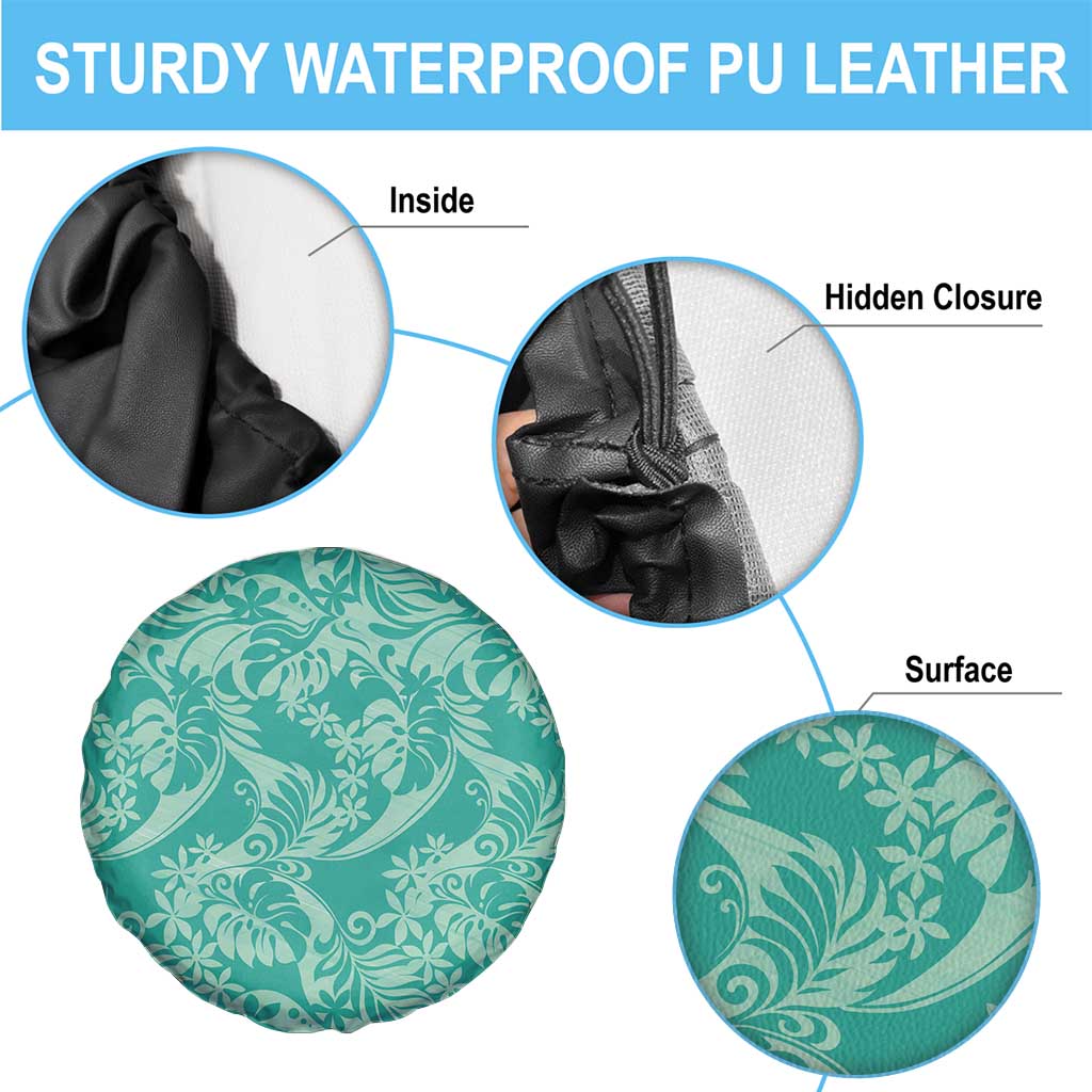Tahiti Teal Tiare Floral Spare Tire Cover Monstera Palm Tropical Leaves - Polynesian Pride