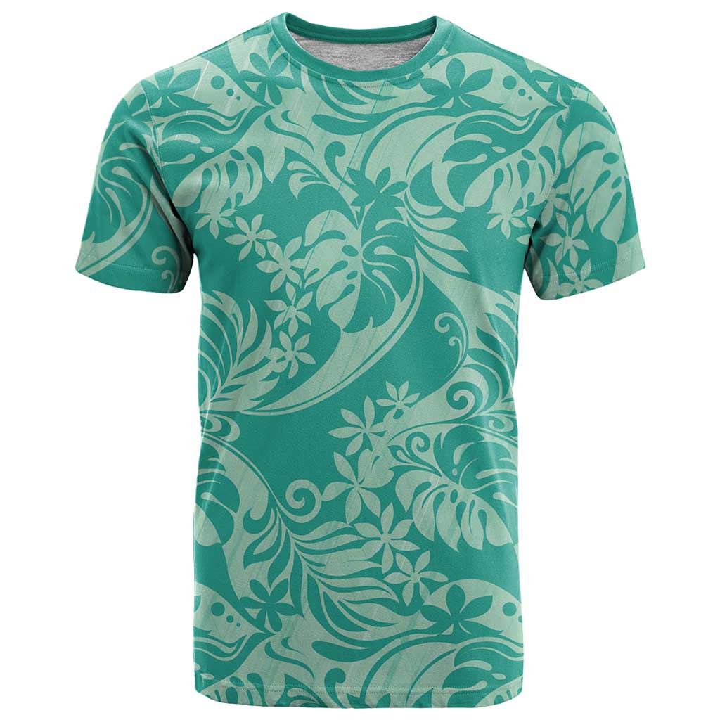 Tahiti Teal Tiare Floral T Shirt Monstera Palm Tropical Leaves - Polynesian Pride