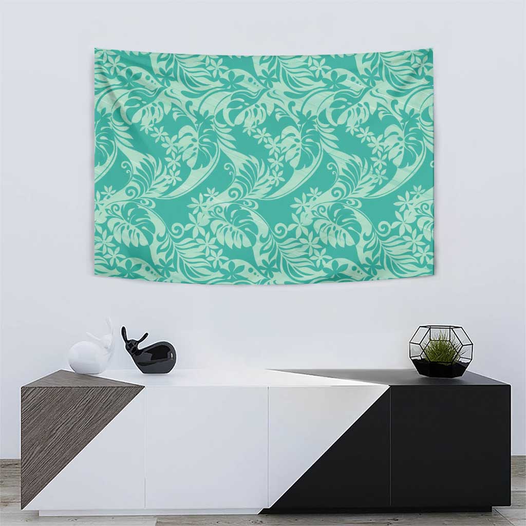 Tahiti Teal Tiare Floral Tapestry Monstera Palm Tropical Leaves - Polynesian Pride