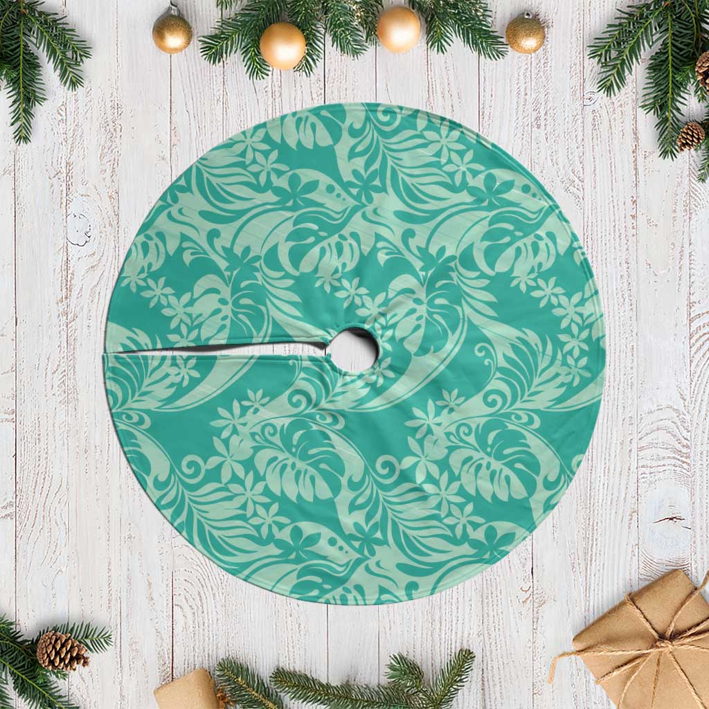 Tahiti Teal Tiare Floral Tree Skirt Monstera Palm Tropical Leaves - Polynesian Pride