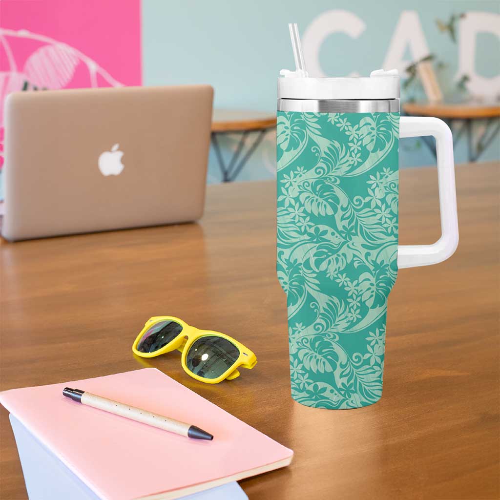 Tahiti Teal Tiare Floral Tumbler With Handle Monstera Palm Tropical Leaves - Polynesian Pride