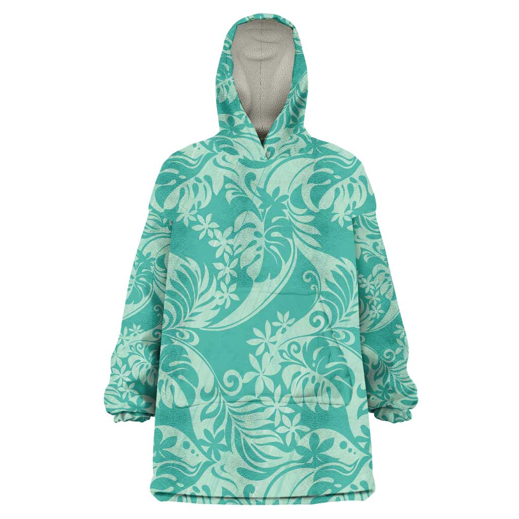 Tahiti Teal Tiare Floral Wearable Blanket Hoodie Monstera Palm Tropical Leaves - Polynesian Pride