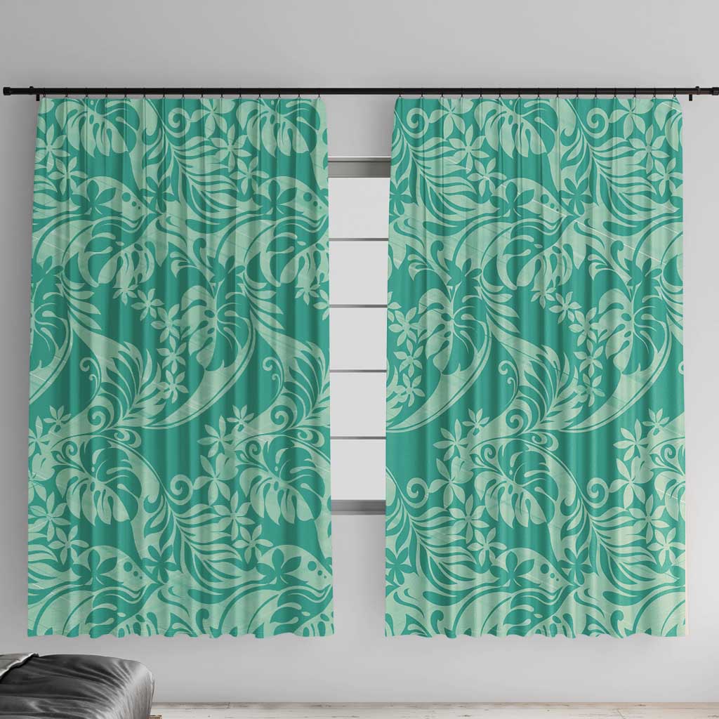 Tahiti Teal Tiare Floral Window Curtain Monstera Palm Tropical Leaves - Polynesian Pride