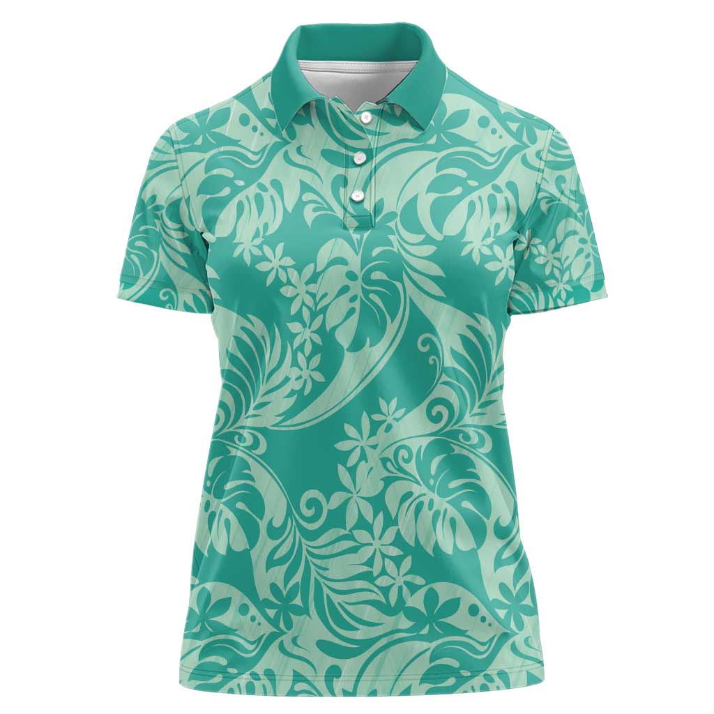 Tahiti Teal Tiare Floral Women Polo Shirt Monstera Palm Tropical Leaves - Polynesian Pride