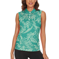 Tahiti Teal Tiare Floral Women Sleeveless Polo Shirt Monstera Palm Tropical Leaves - Polynesian Pride
