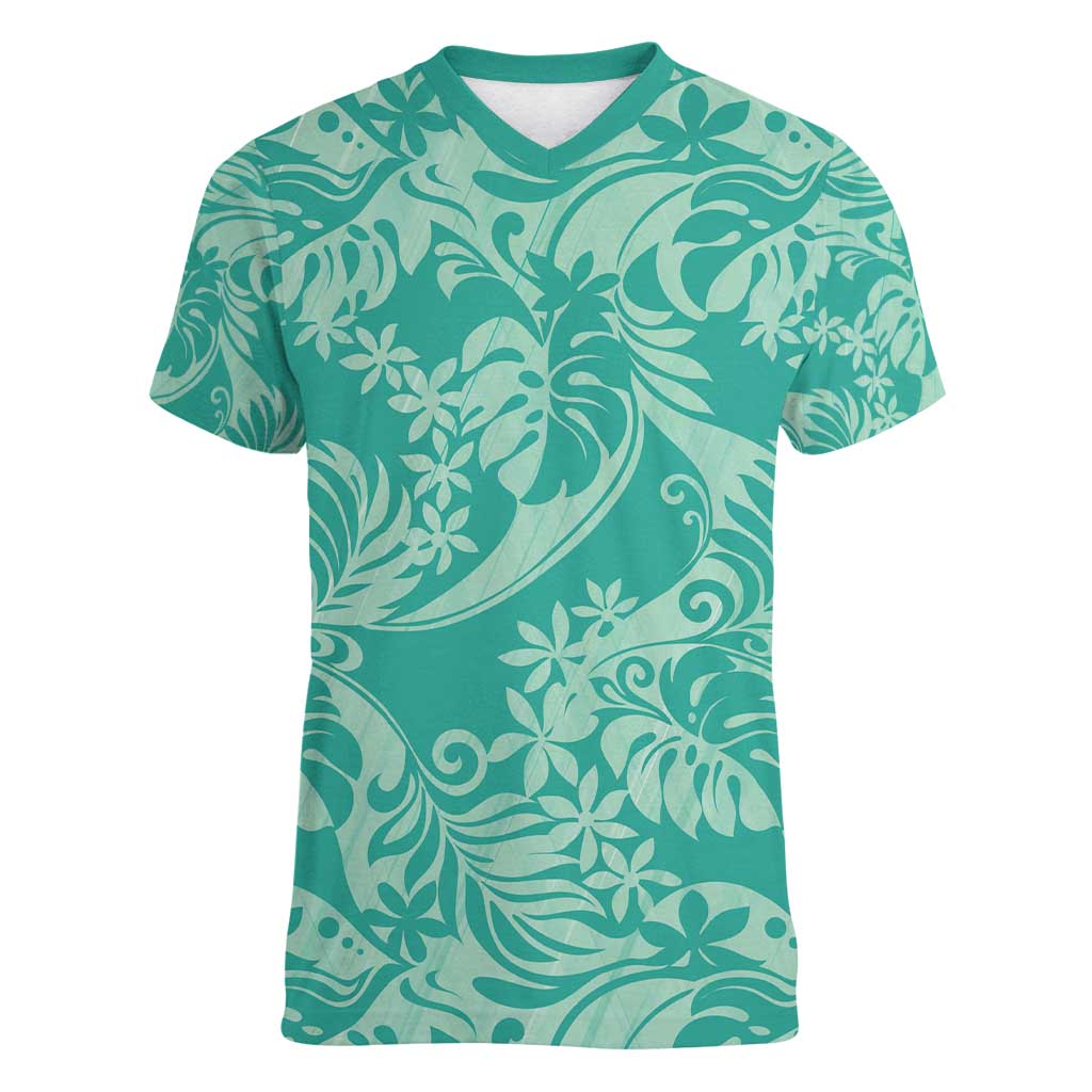 Tahiti Teal Tiare Floral Women V-Neck T-Shirt Monstera Palm Tropical Leaves - Polynesian Pride