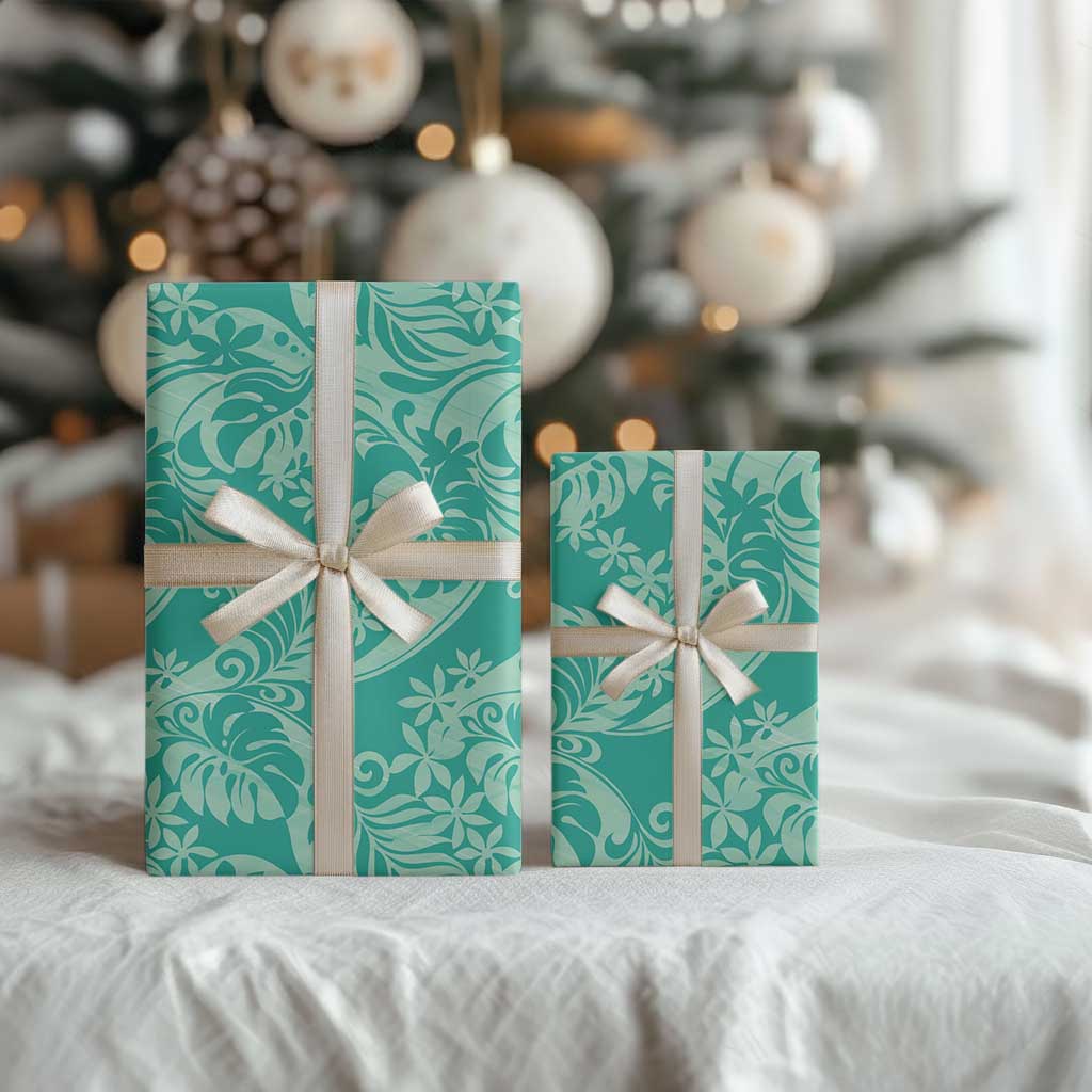 Tahiti Teal Tiare Floral Wrapping Paper Monstera Palm Tropical Leaves - Polynesian Pride