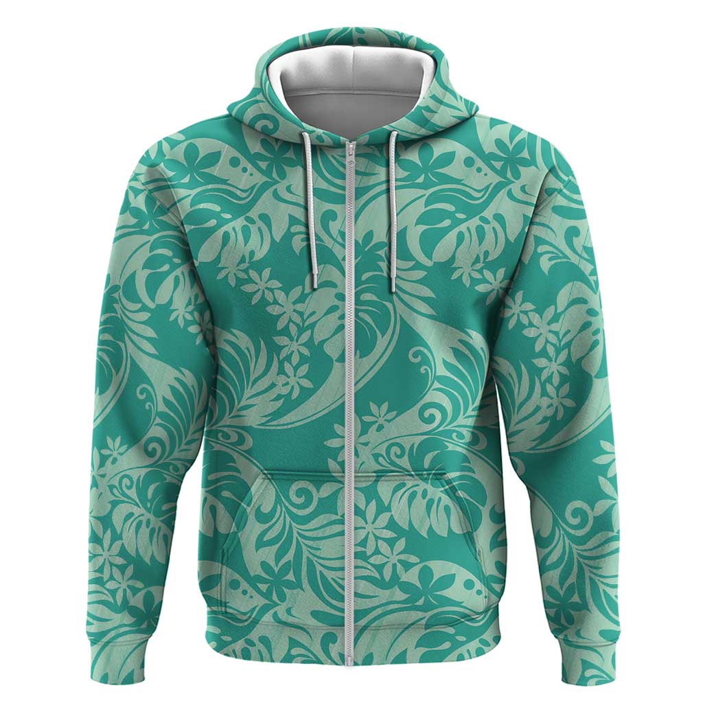 Tahiti Teal Tiare Floral Zip Hoodie Monstera Palm Tropical Leaves - Polynesian Pride