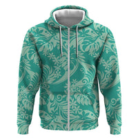 Tahiti Teal Tiare Floral Zip Hoodie Monstera Palm Tropical Leaves - Polynesian Pride