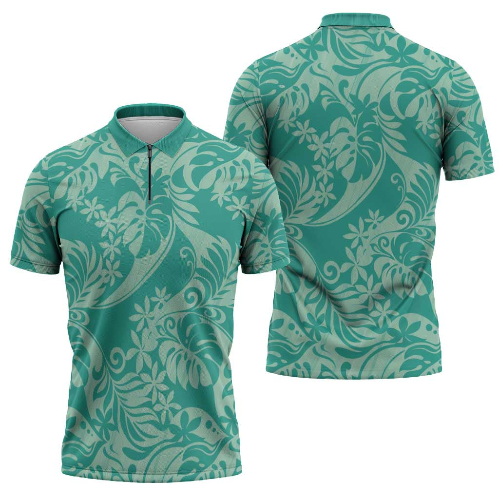 Tahiti Teal Tiare Floral Zipper Polo Shirt Monstera Palm Tropical Leaves - Polynesian Pride