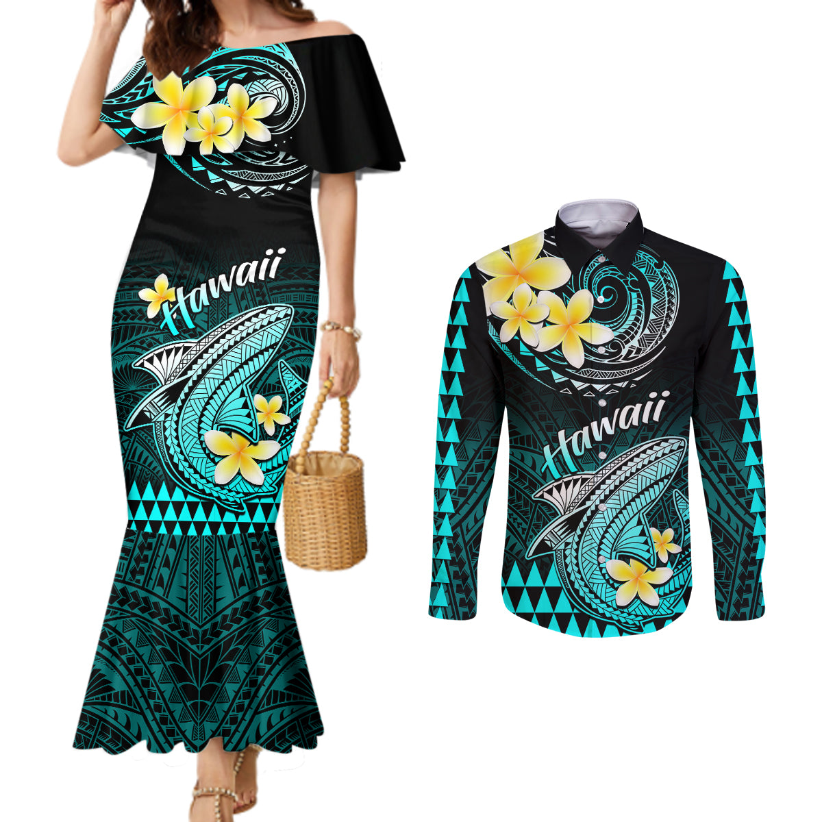 Hawaii Couples Matching Mermaid Dress and Long Sleeve Button Shirts Polynesian Shark with Kakau Turquoise Version LT01 Turquoise - Polynesian Pride