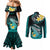 Hawaii Couples Matching Mermaid Dress and Long Sleeve Button Shirts Polynesian Shark with Kakau Turquoise Version LT01 - Polynesian Pride