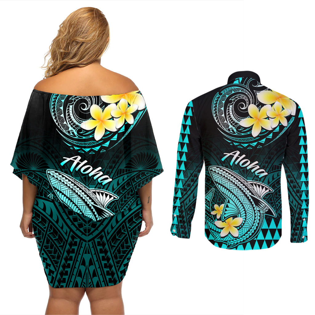 Hawaii Couples Matching Off Shoulder Short Dress and Long Sleeve Button Shirts Polynesian Shark with Kakau Turquoise Version LT01 - Polynesian Pride