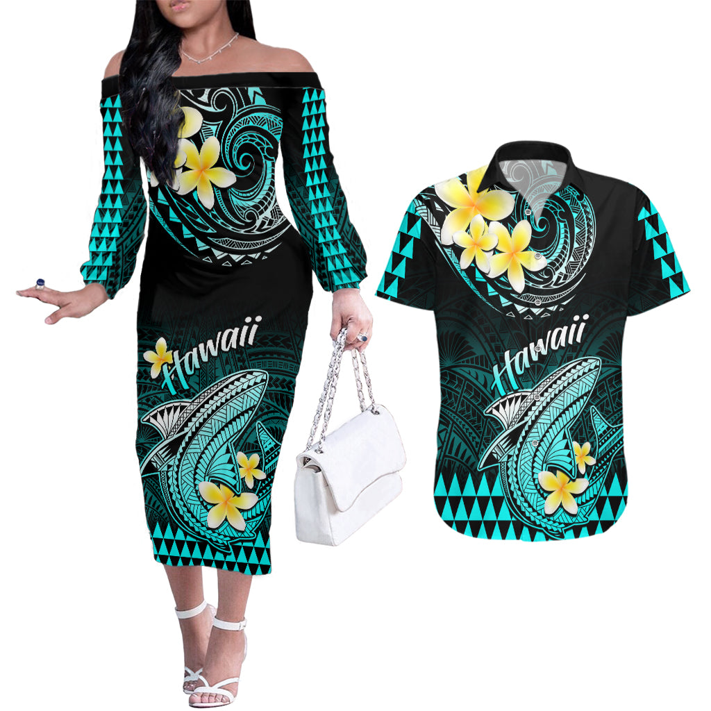 Hawaii Couples Matching Off The Shoulder Long Sleeve Dress and Hawaiian Shirt Polynesian Shark with Kakau Turquoise Version LT01 Turquoise - Polynesian Pride