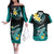 Hawaii Couples Matching Off The Shoulder Long Sleeve Dress and Hawaiian Shirt Polynesian Shark with Kakau Turquoise Version LT01 Turquoise - Polynesian Pride