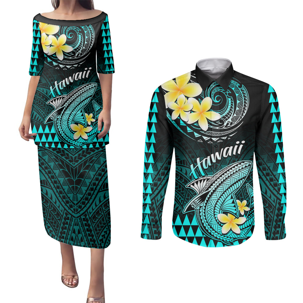Hawaii Couples Matching Puletasi Dress and Long Sleeve Button Shirts Polynesian Shark with Kakau Turquoise Version LT01 Turquoise - Polynesian Pride