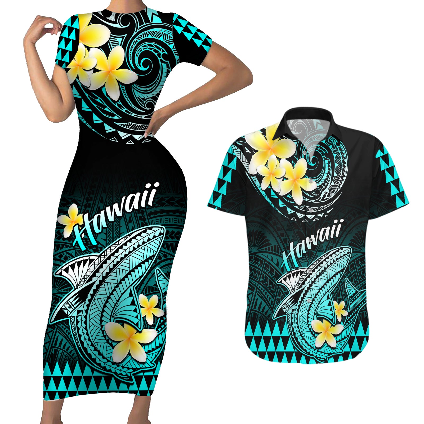 Hawaii Couples Matching Short Sleeve Bodycon Dress and Hawaiian Shirt Polynesian Shark with Kakau Turquoise Version LT01 Turquoise - Polynesian Pride