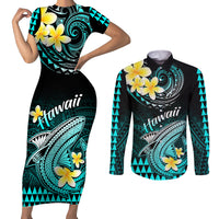 Hawaii Couples Matching Short Sleeve Bodycon Dress and Long Sleeve Button Shirts Polynesian Shark with Kakau Turquoise Version LT01 Turquoise - Polynesian Pride