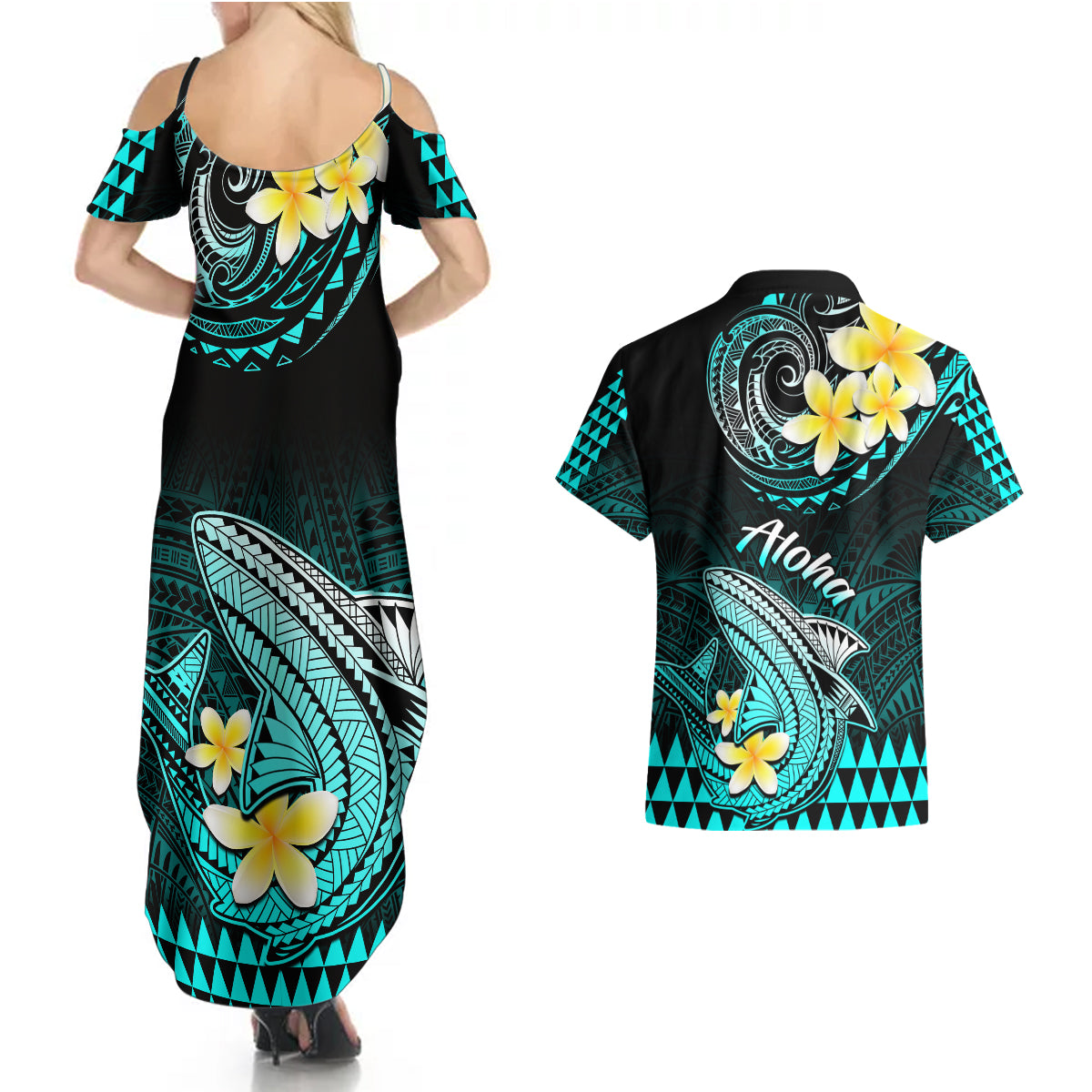 Hawaii Couples Matching Summer Maxi Dress and Hawaiian Shirt Polynesian Shark with Kakau Turquoise Version LT01 - Polynesian Pride