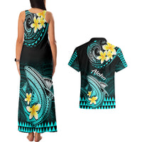 Hawaii Couples Matching Tank Maxi Dress and Hawaiian Shirt Polynesian Shark with Kakau Turquoise Version LT01 - Polynesian Pride