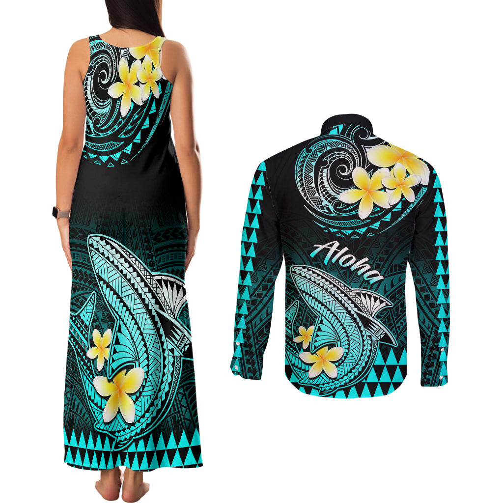 Hawaii Couples Matching Tank Maxi Dress and Long Sleeve Button Shirts Polynesian Shark with Kakau Turquoise Version LT01 - Polynesian Pride