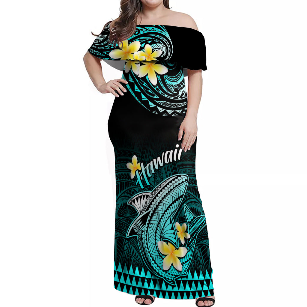 Hawaii Off Shoulder Maxi Dress Polynesian Shark with Kakau Turquoise Version LT01 Women Turquoise - Polynesian Pride