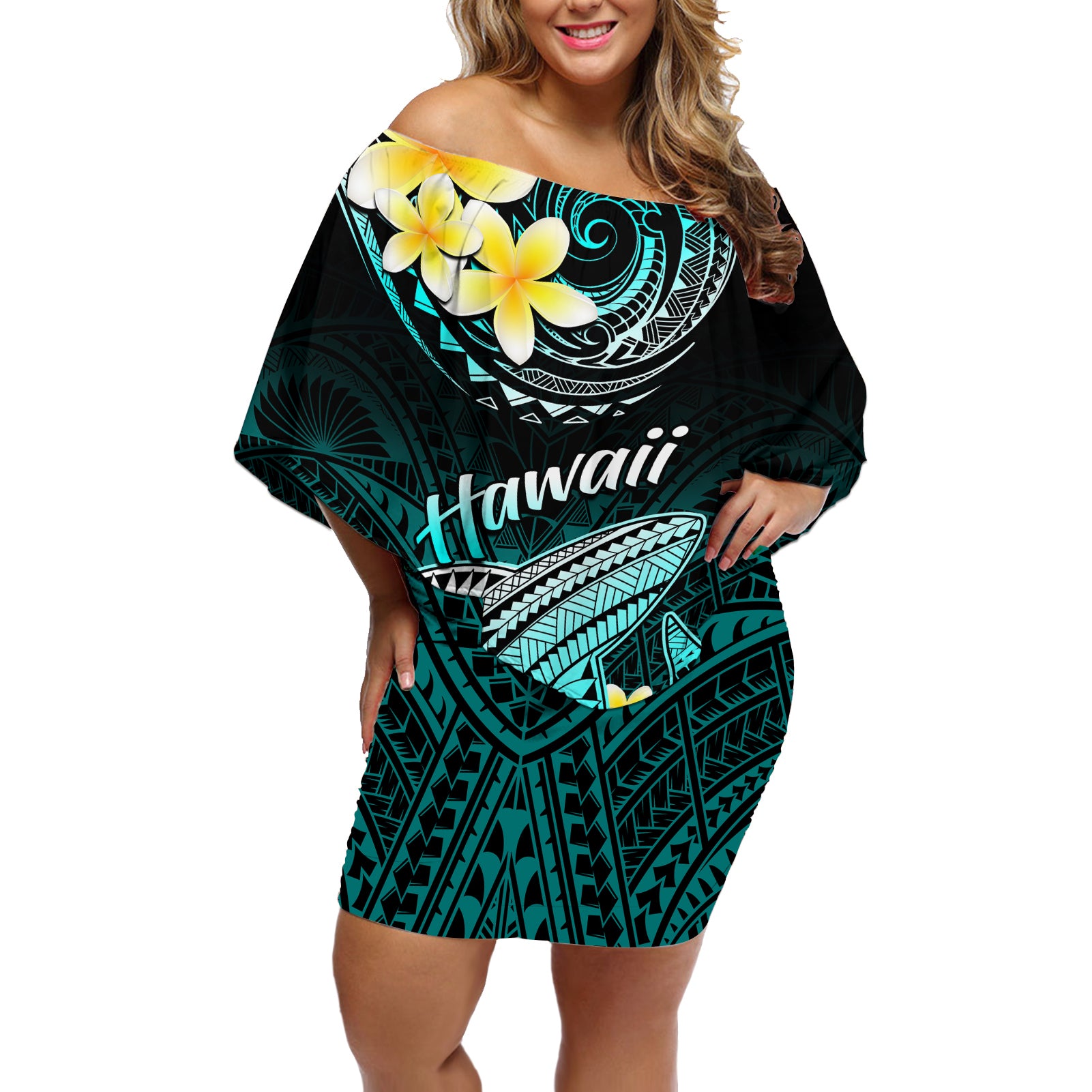 Hawaii Off Shoulder Short Dress Polynesian Shark with Kakau Turquoise Version LT01 Women Turquoise - Polynesian Pride