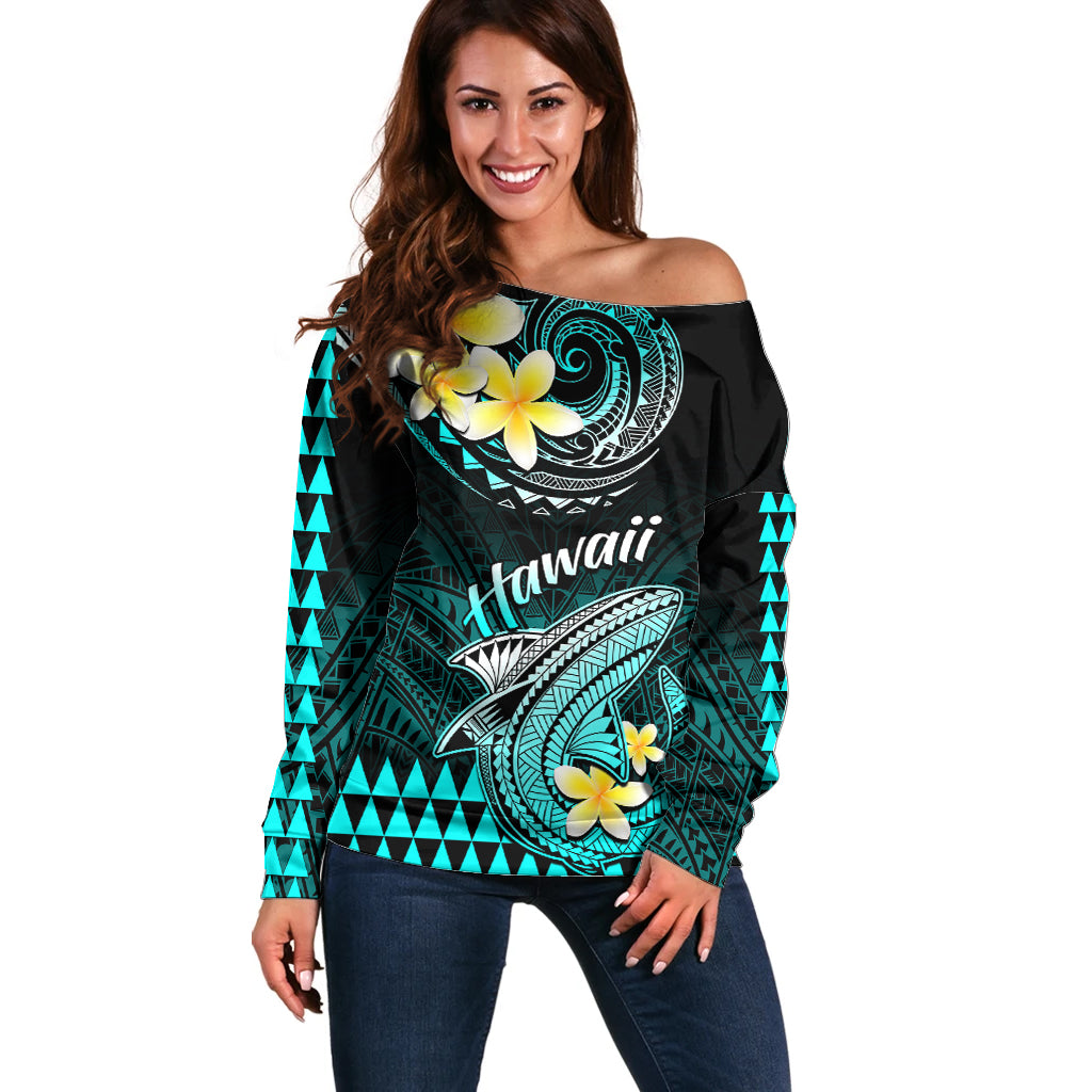 Hawaii Off Shoulder Sweater Polynesian Shark with Kakau Turquoise Version LT01 Women Turquoise - Polynesian Pride