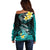 Hawaii Off Shoulder Sweater Polynesian Shark with Kakau Turquoise Version LT01 - Polynesian Pride