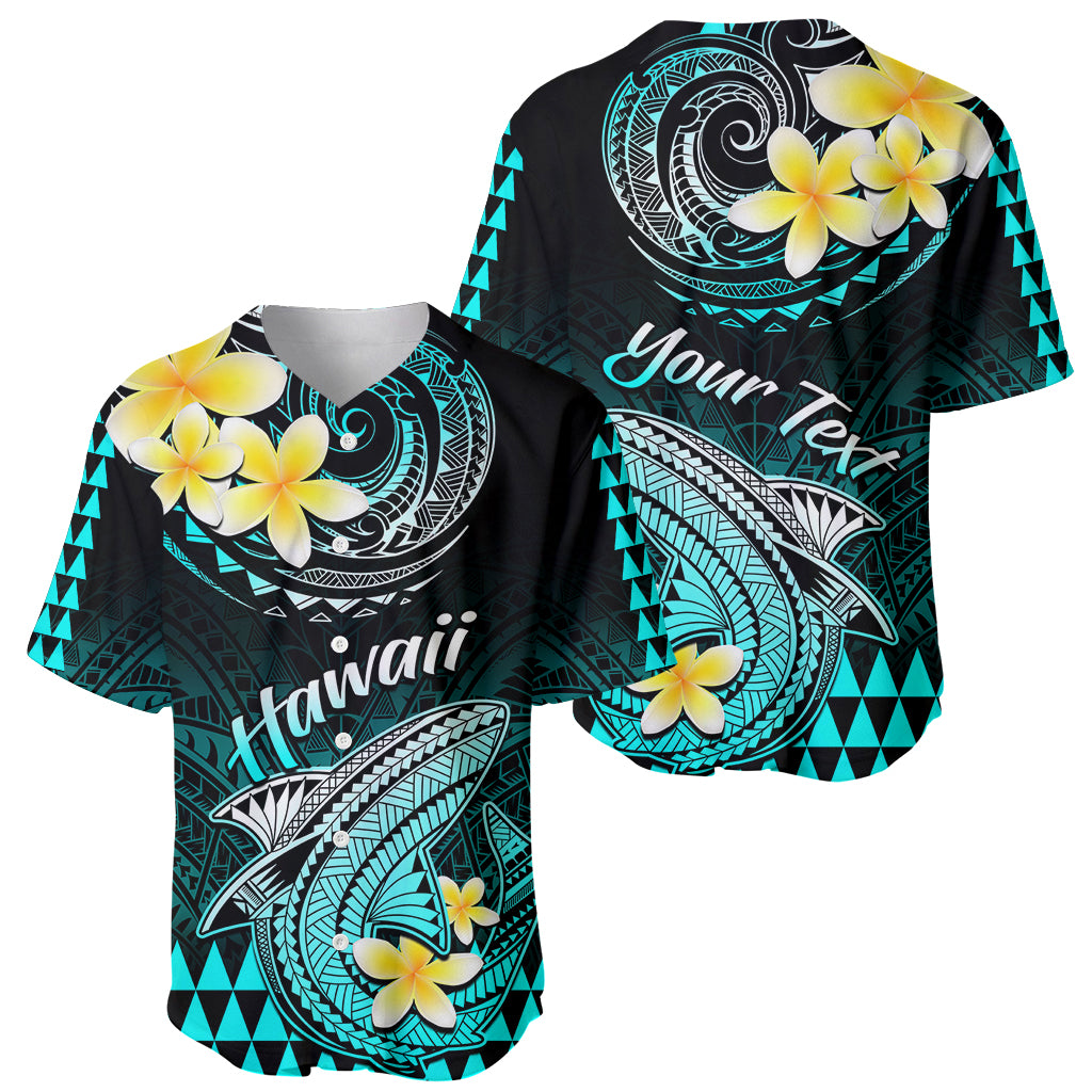 Personalised Hawaii Baseball Jersey Polynesian Shark with Kakau Turquoise Version LT01 - Polynesian Pride