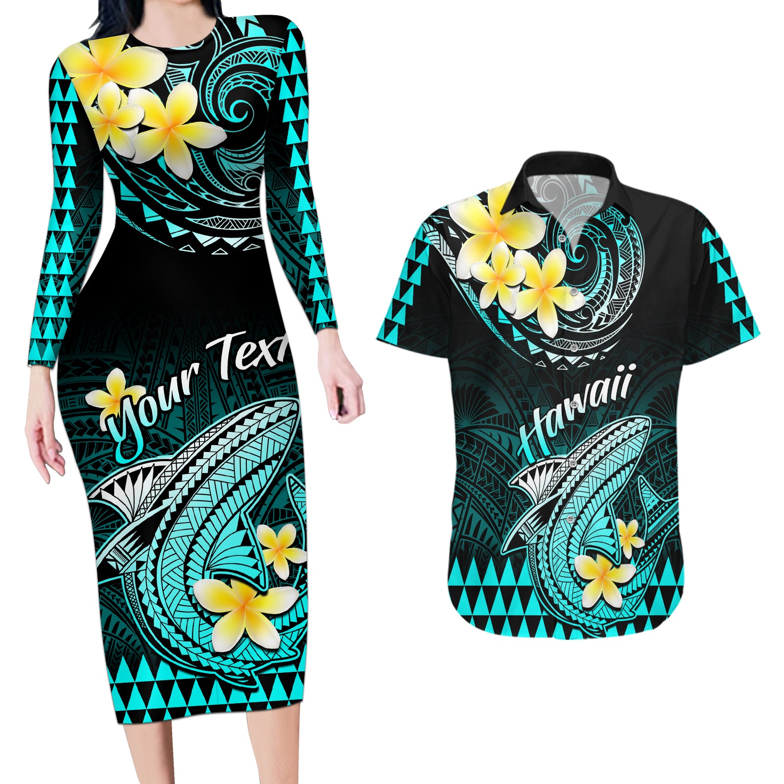 Personalised Hawaii Couples Matching Long Sleeve Bodycon Dress and Hawaiian Shirt Polynesian Shark with Kakau Turquoise Version LT01 Turquoise - Polynesian Pride