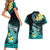 Personalised Hawaii Couples Matching Short Sleeve Bodycon Dress and Hawaiian Shirt Polynesian Shark with Kakau Turquoise Version LT01 - Polynesian Pride