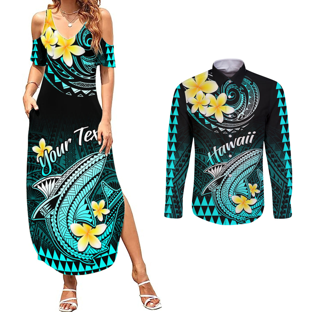 Personalised Hawaii Couples Matching Summer Maxi Dress and Long Sleeve Button Shirts Polynesian Shark with Kakau Turquoise Version LT01 Turquoise - Polynesian Pride