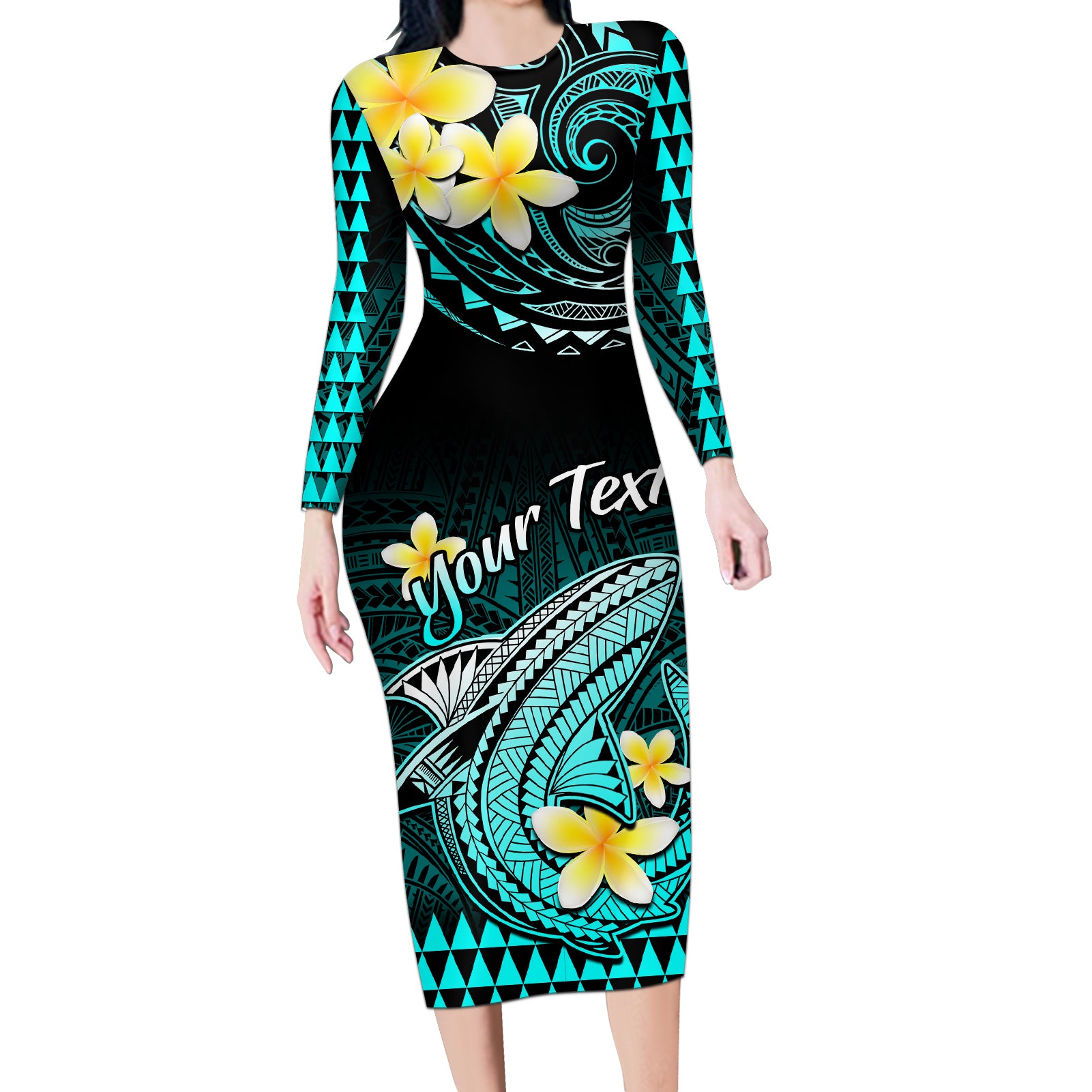 Personalised Hawaii Long Sleeve Bodycon Dress Polynesian Shark with Kakau Turquoise Version LT01 Long Dress Turquoise - Polynesian Pride